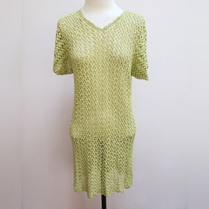 Vintage Delores Bell Light Green Open Knit V-neck Short Sleeve Dress, Medium